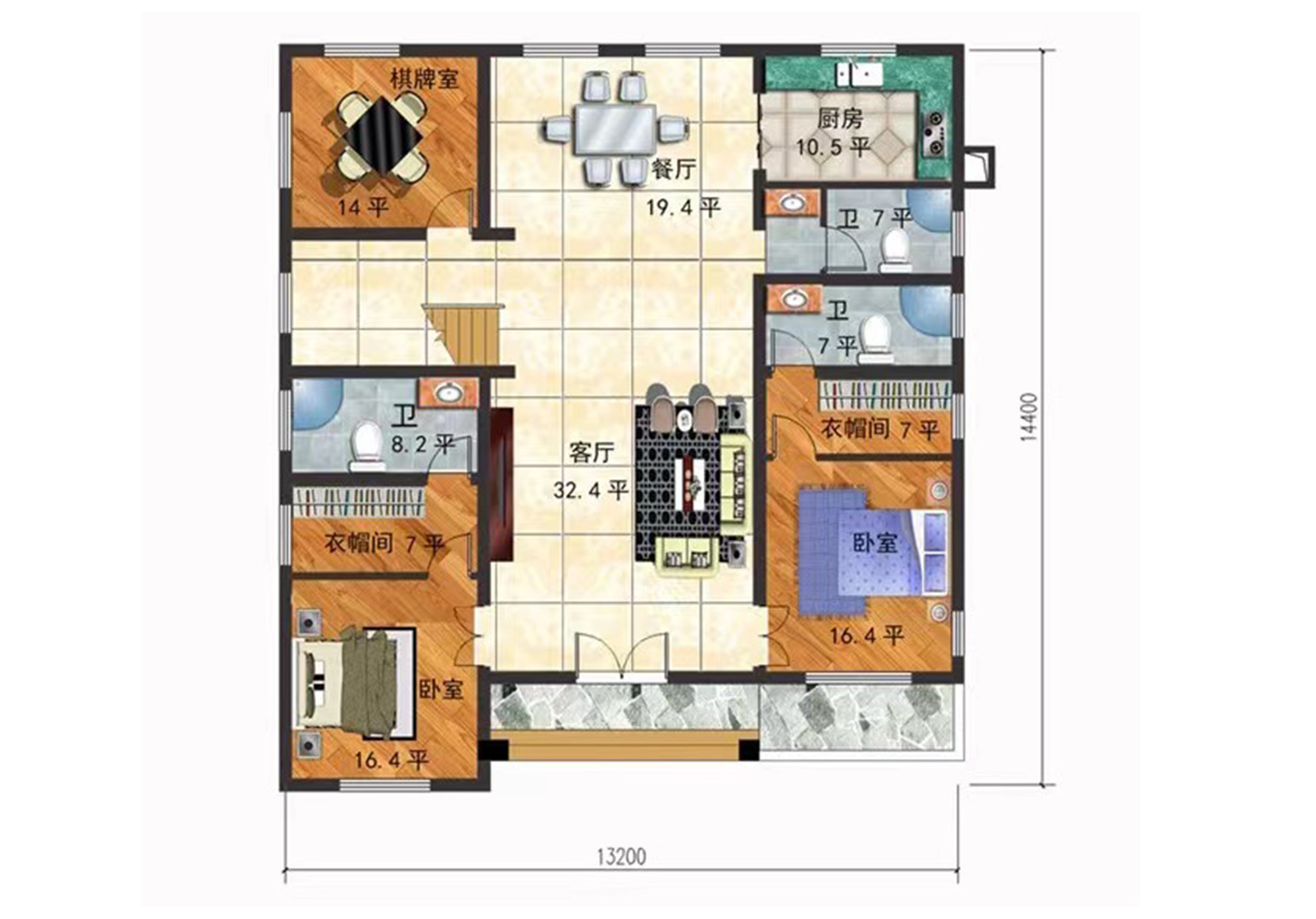 A104乡下一层半欧式别墅设计图纸13.2×14.4米-墅小宅	