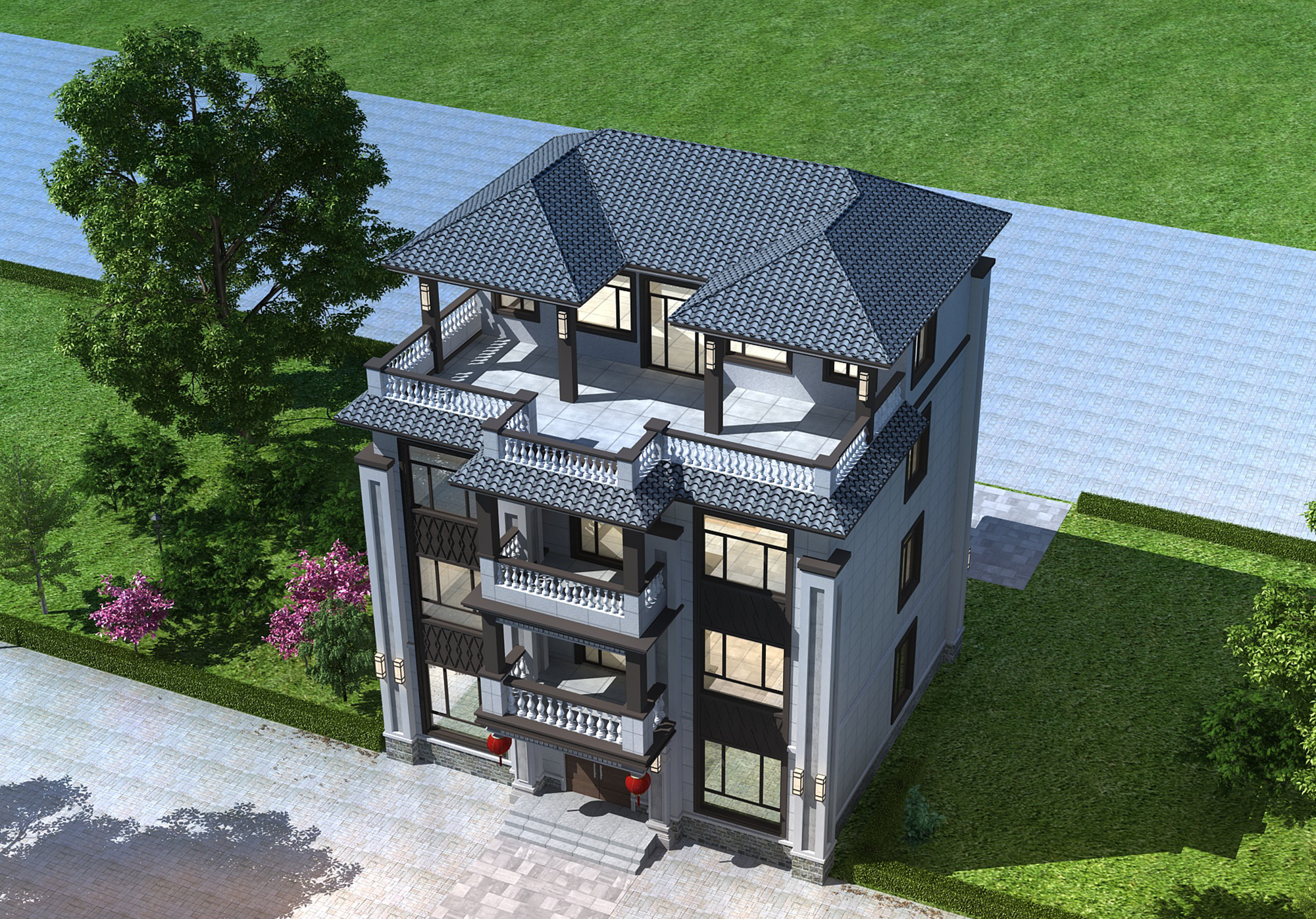 D617【自建房设计】农村盖房就选这款四层新中式别墅够大气