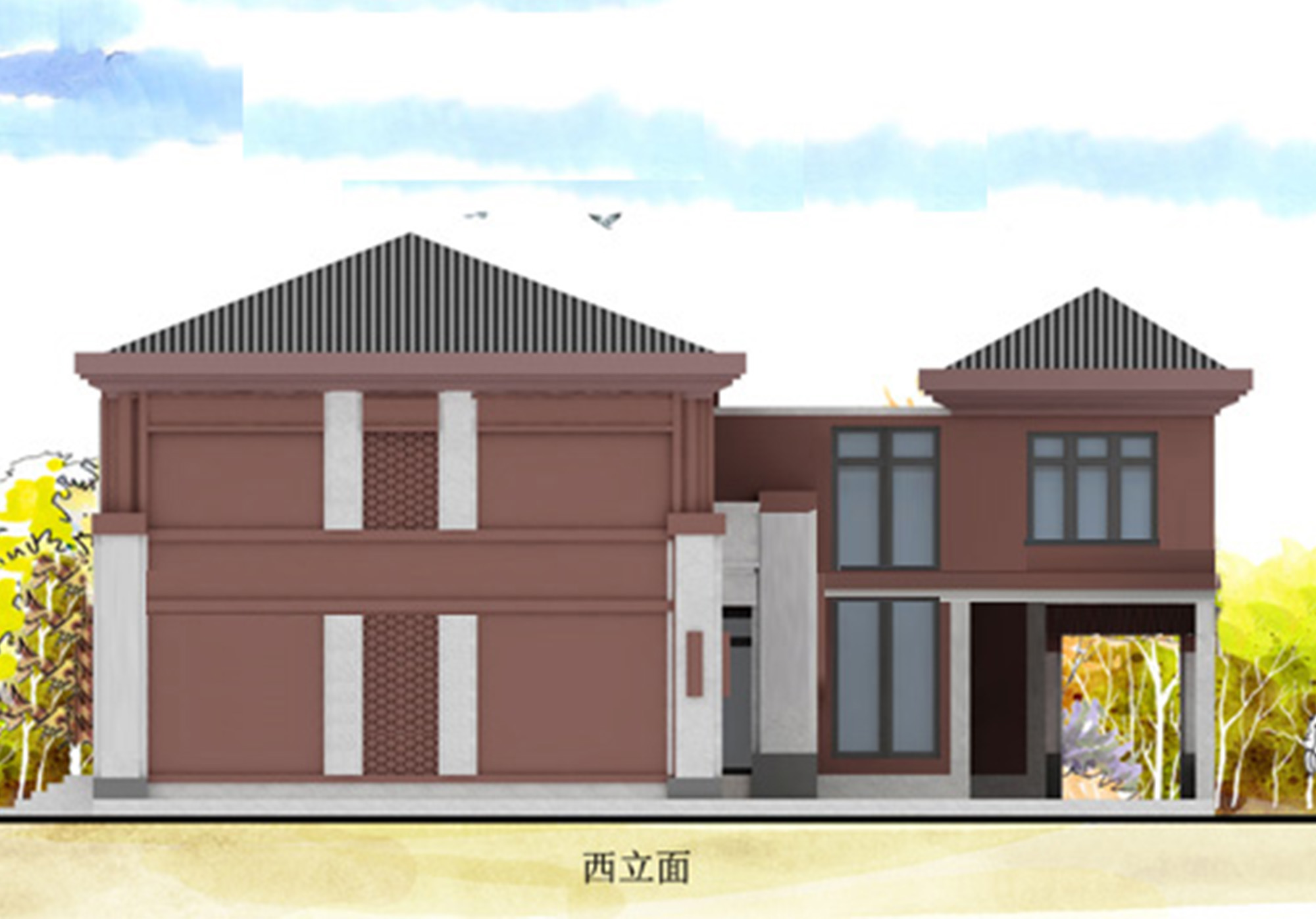 B750【七字形房子设计图】带小院的两层新中式别墅设计图，外观好看