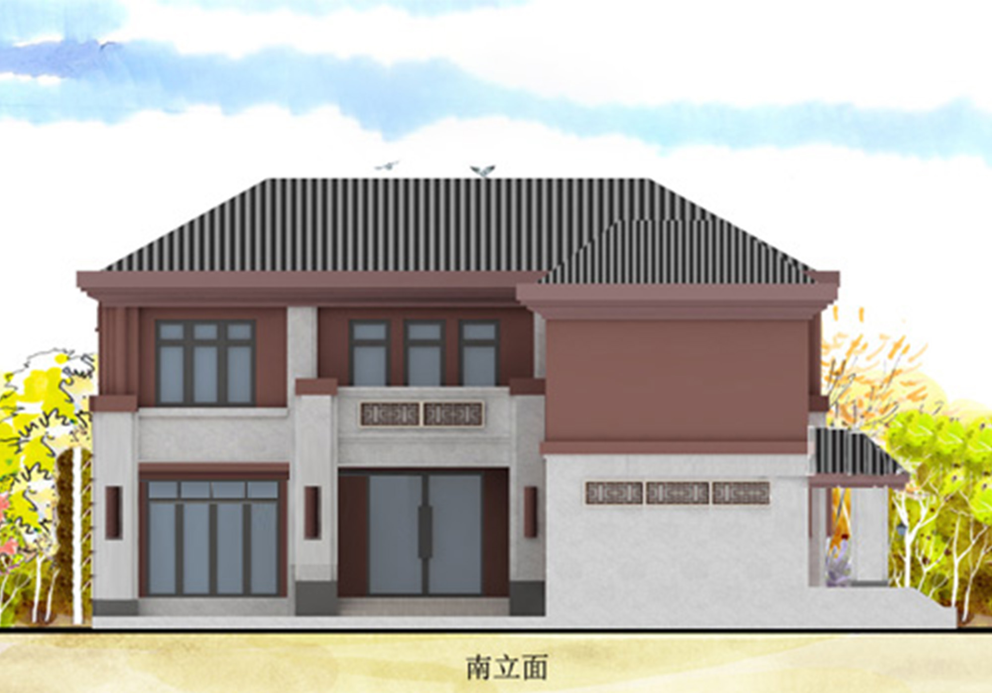 B750【七字形房子设计图】带小院的两层新中式别墅设计图，外观好看